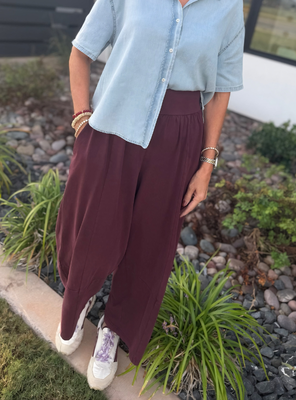 Mineral Washed Wide Leg Pant - Red Bean