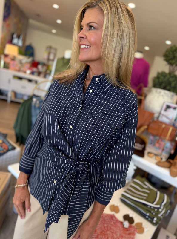 Tate Tied Waist Pinstriped Blouse