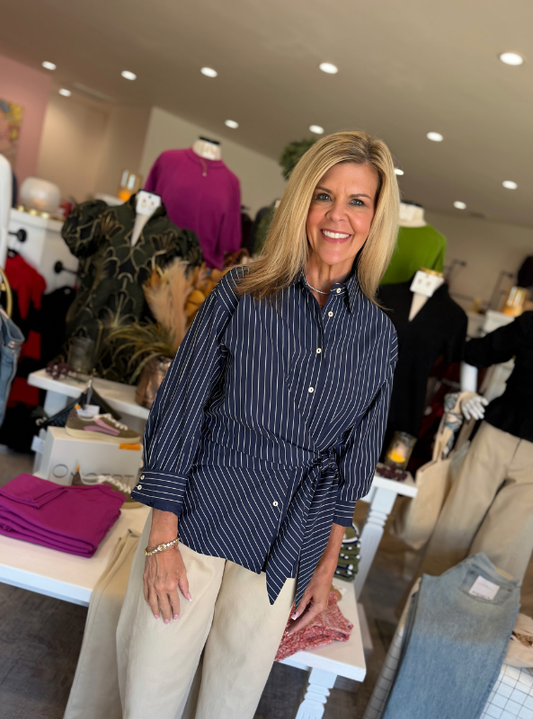 Tate Tied Waist Pinstriped Blouse