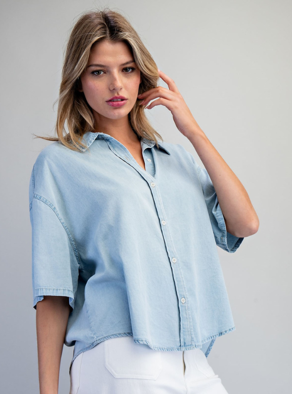 Laken Solid Button Down Short Sleeve Blouse