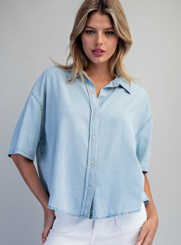 Laken Solid Button Down Short Sleeve Blouse