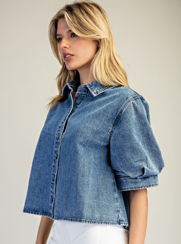 Denim Button Down Puff Sleeve Top