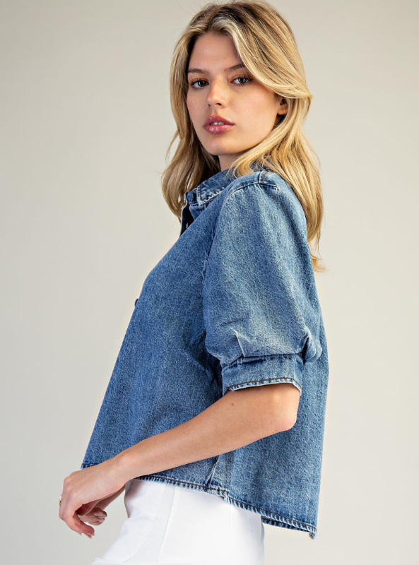 Denim Button Down Puff Sleeve Top