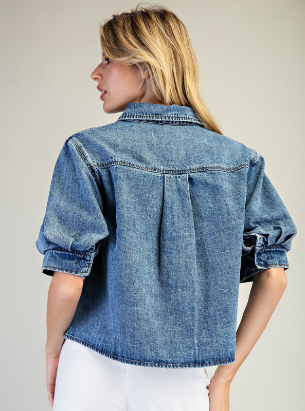 Denim Button Down Puff Sleeve Top