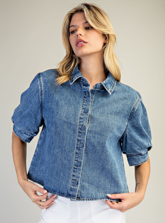 Denim Button Down Puff Sleeve Top