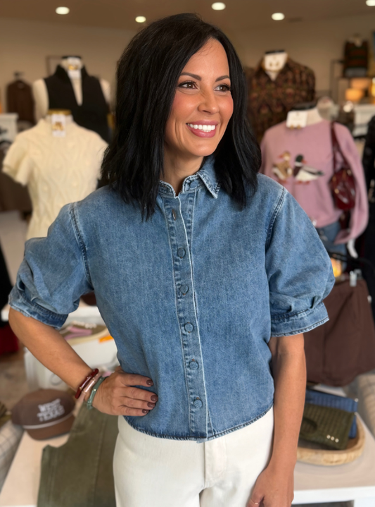 Denim Button Down Puff Sleeve Top