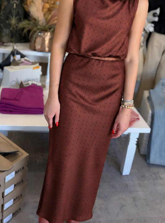 Polka Dot Satin Skirt - Mocha