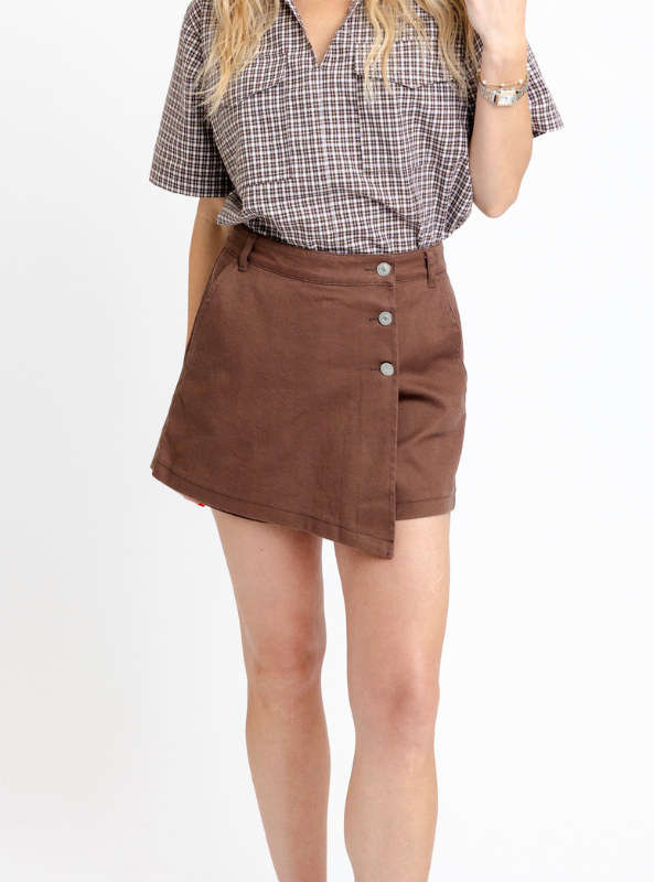 Karlie-Chocolate Denim Wrap Skort