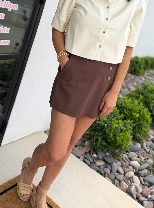 Karlie-Chocolate Denim Wrap Skort