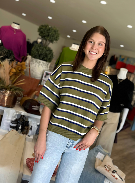 Olive Crew-Neck Stripe Sweater