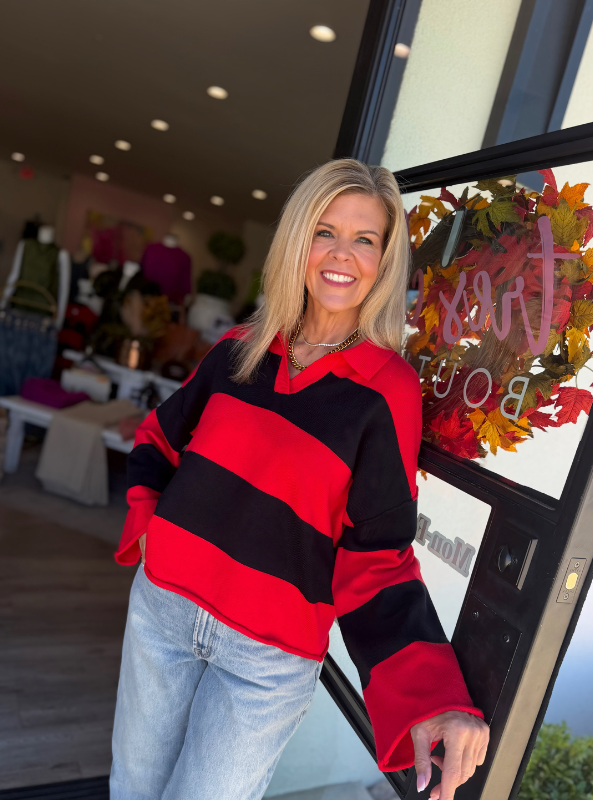 Oversized Rugby Stripe Sweater-Black & Red