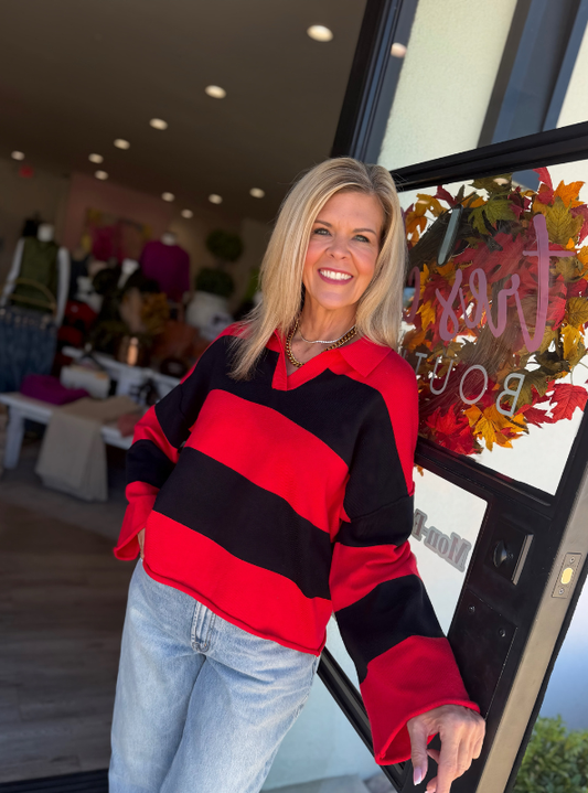 Oversized Rugby Stripe Sweater-Black & Red