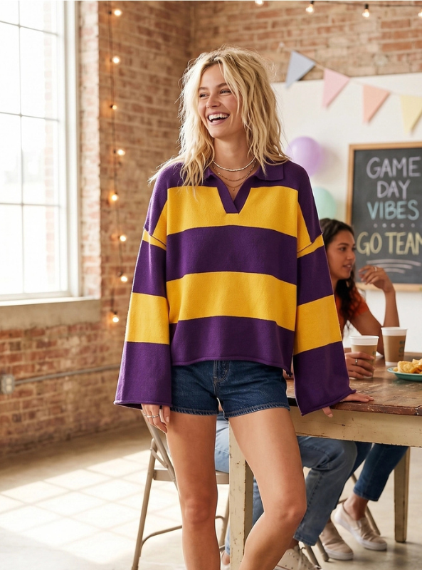 Oversized Rugby Stripe Sweater-Purple & Yellow