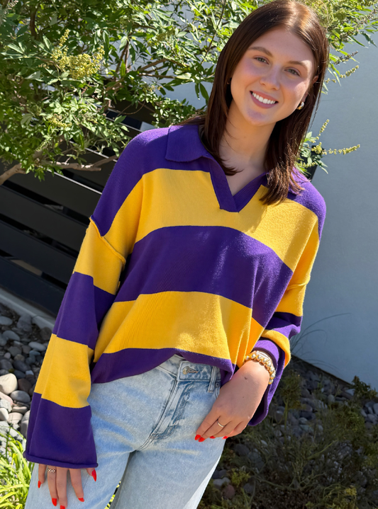 Oversized Rugby Stripe Sweater-Purple & Yellow