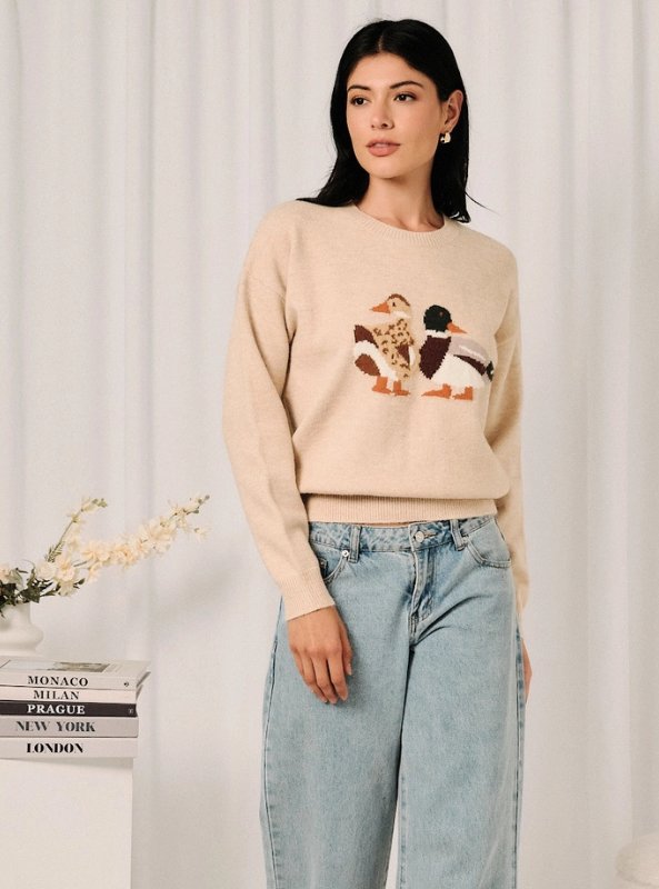Round Neck Mallard Duck Graphic LS Knit Sweater