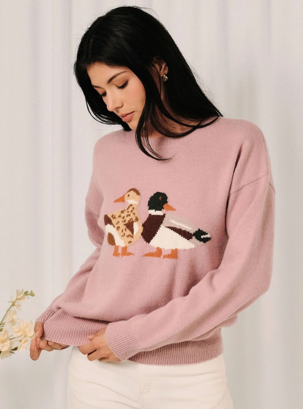 Round Neck Mallard Duck Graphic LS Knit Sweater