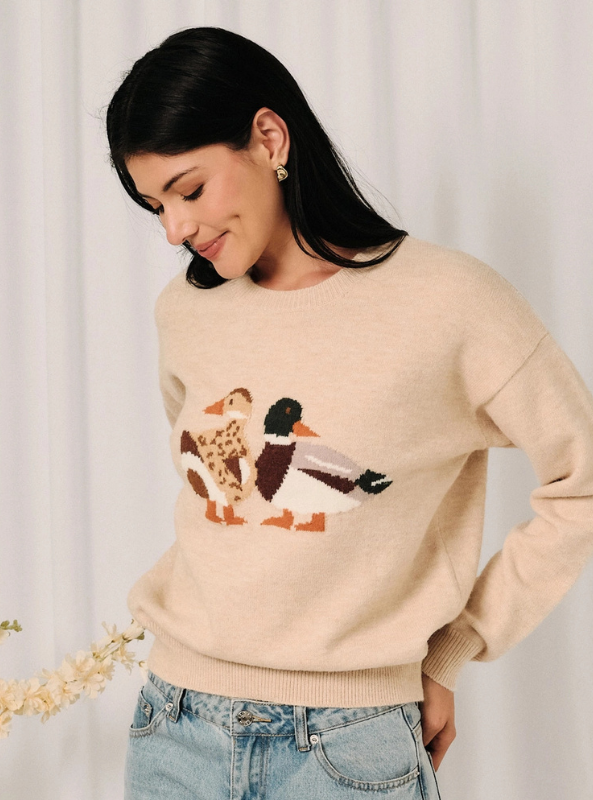 Round Neck Mallard Duck Graphic LS Knit Sweater