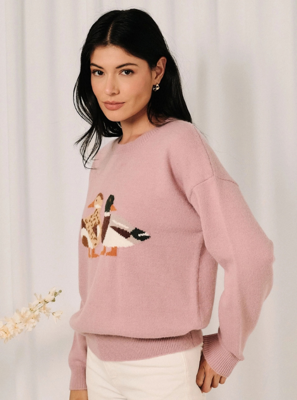 Round Neck Mallard Duck Graphic LS Knit Sweater