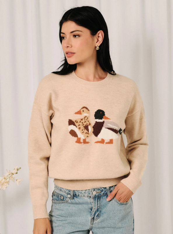 Round Neck Mallard Duck Graphic LS Knit Sweater