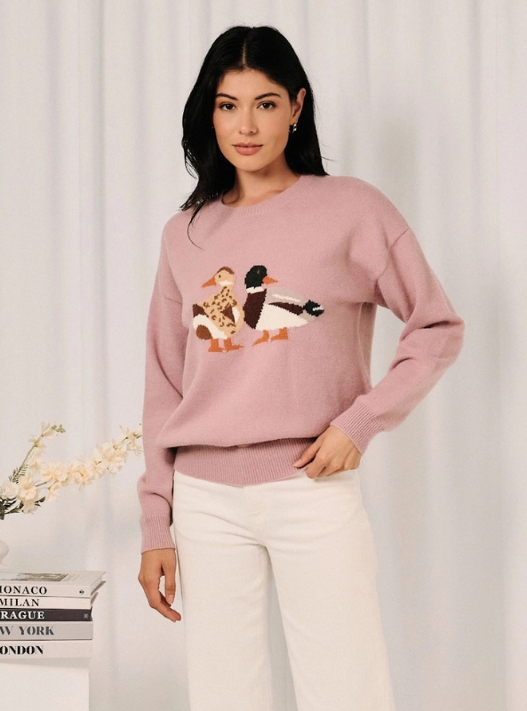 Round Neck Mallard Duck Graphic LS Knit Sweater
