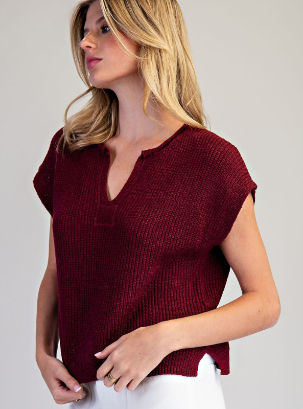 Split Neck Sweater - Wine
