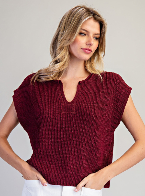 Split Neck Sweater - Wine