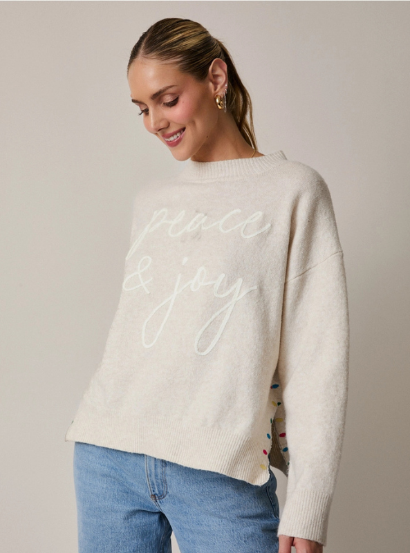 Jordan Mock Neck LS Peace & Joy Sweater - Cream
