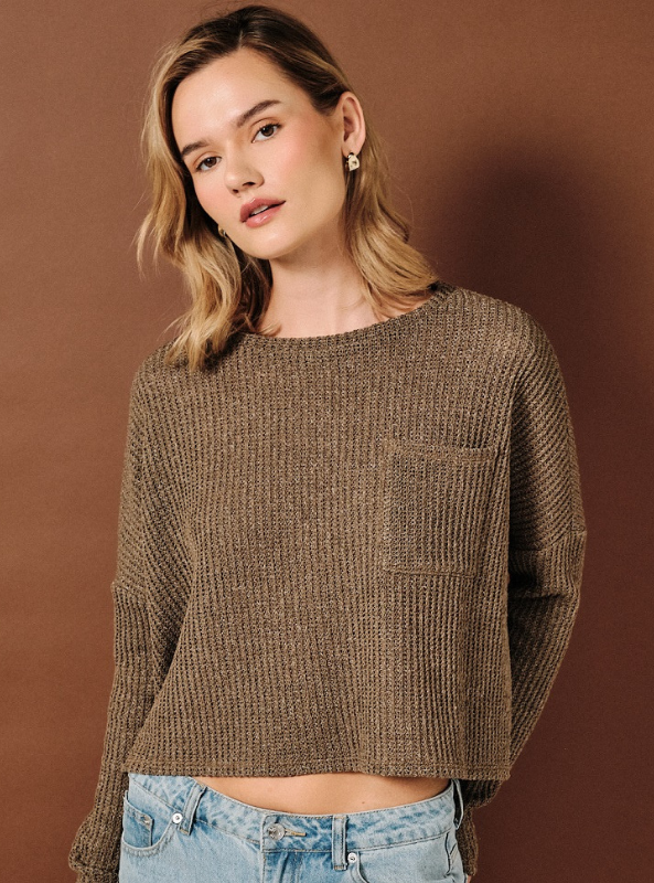 Paige Wide Neck Drop Shoulder LS Pocketed Top - Brown