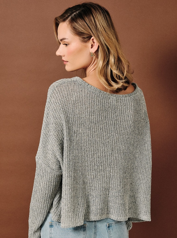Paige Wide Neck Drop Shoulder LS Pocketed Top - Heather Grey