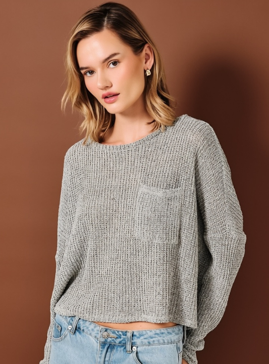 Paige Wide Neck Drop Shoulder LS Pocketed Top - Heather Grey