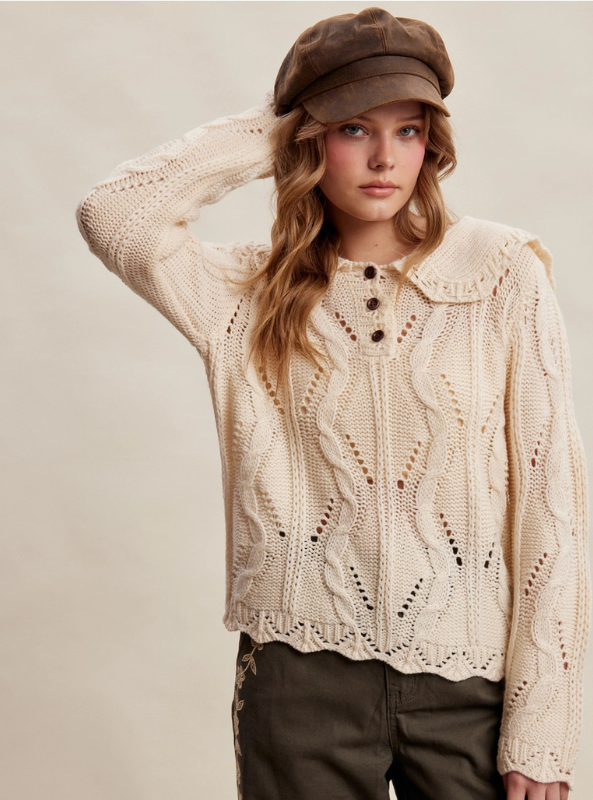 Collared Pointelle Knit Sweater