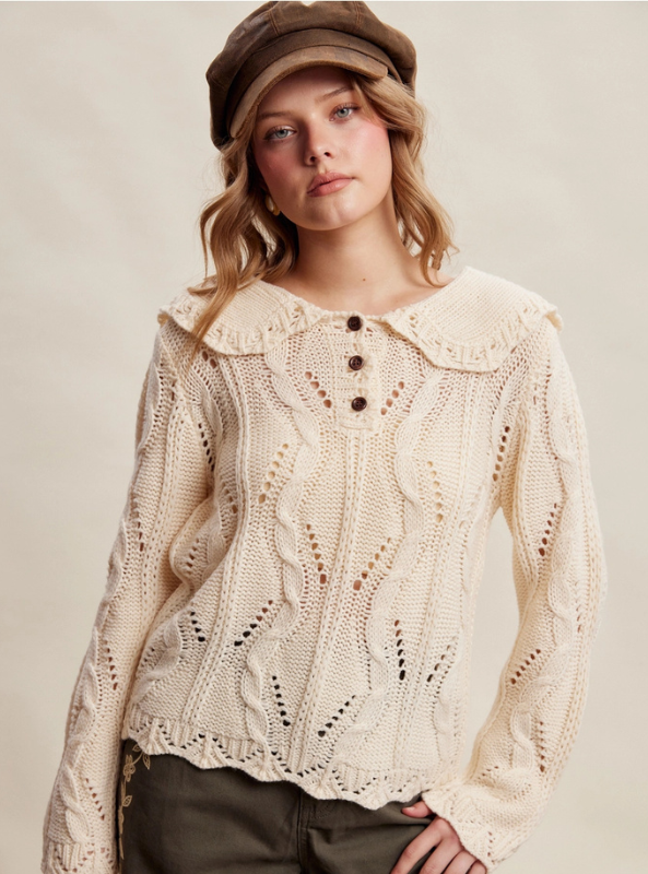Collared Pointelle Knit Sweater