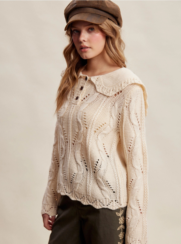 Collared Pointelle Knit Sweater