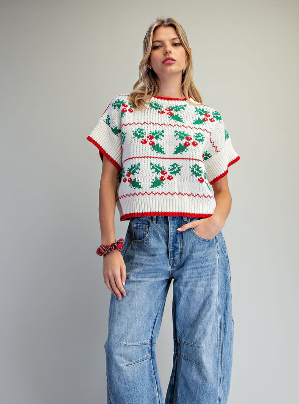 Holly Print SS Sweater