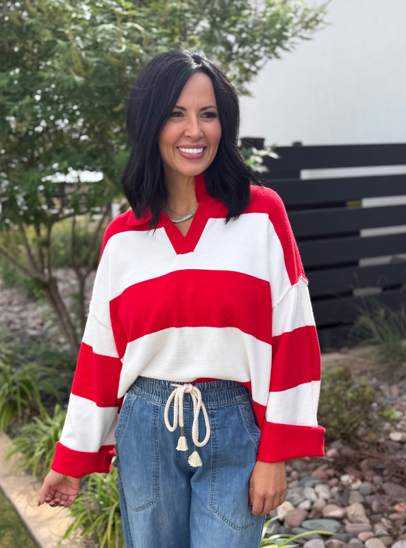 Oversized Rugby Stripe Sweater-Red & White