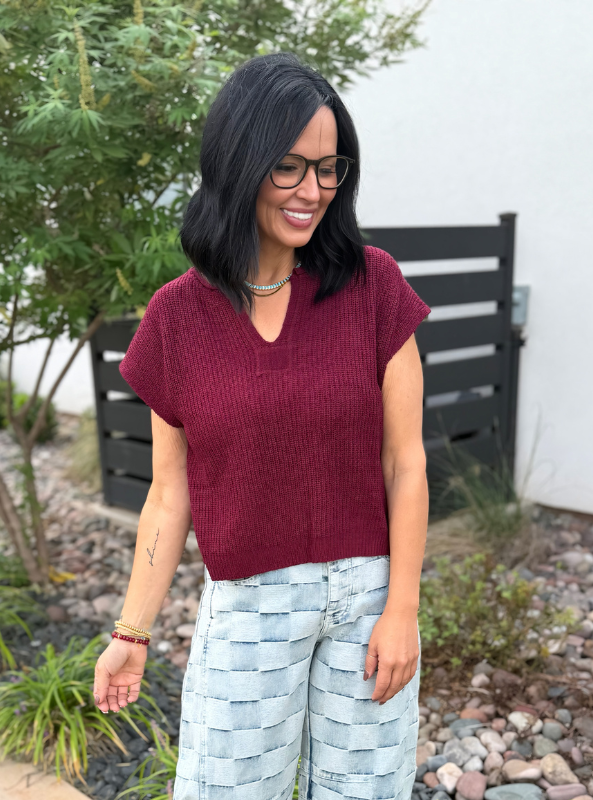 Split Neck Sweater - Wine