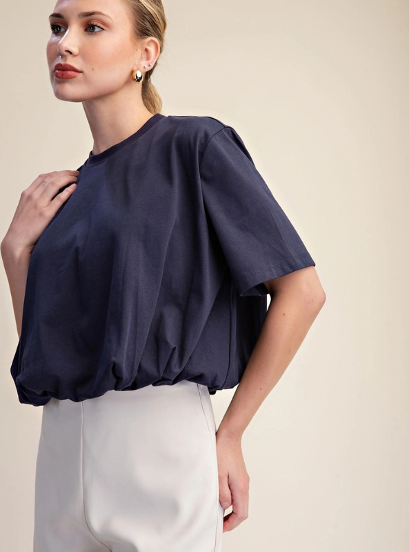 Cropped Bubble Hem Tee - Navy