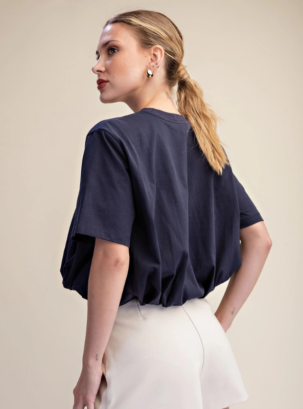 Cropped Bubble Hem Tee - Navy