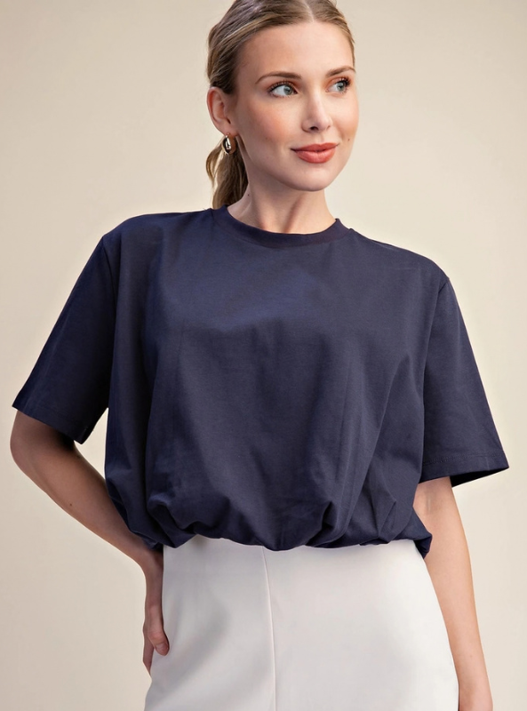 Cropped Bubble Hem Tee - Navy