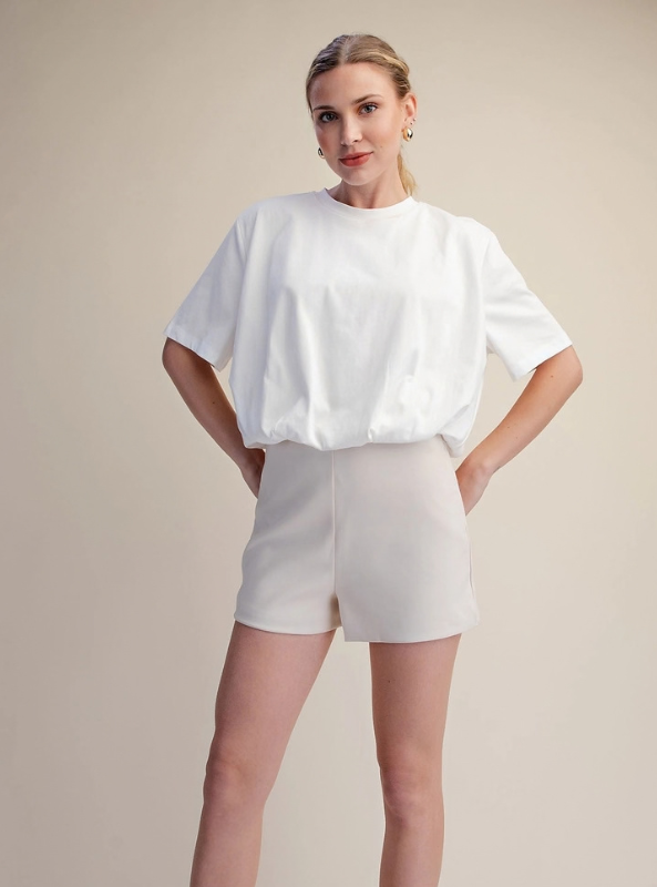 Cropped Bubble Hem Tee - White