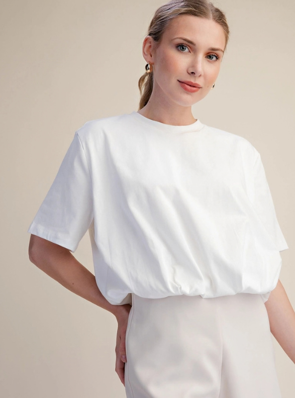 Cropped Bubble Hem Tee - White