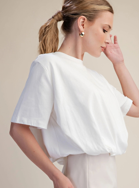 Cropped Bubble Hem Tee - White