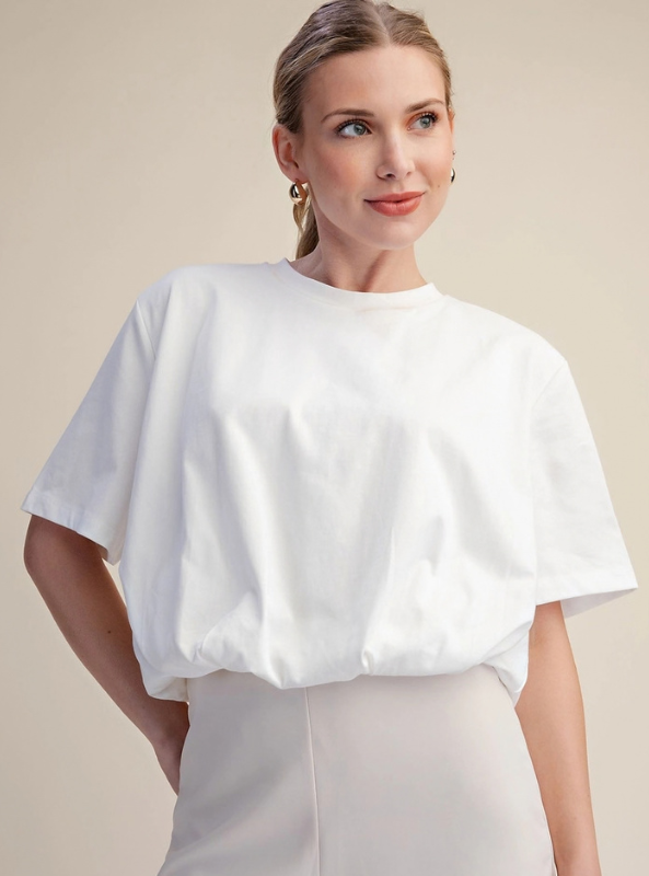 Cropped Bubble Hem Tee - White