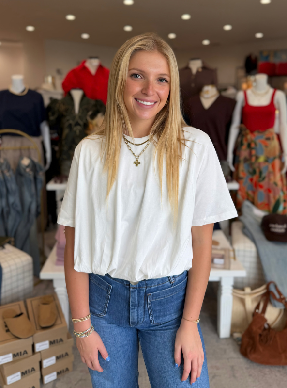 Cropped Bubble Hem Tee - White