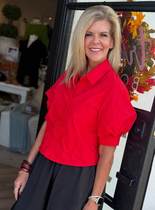 Karlie-Red Poplin Button Top