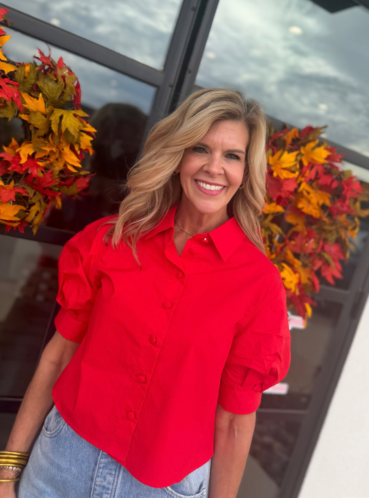 Karlie-Red Poplin Button Top