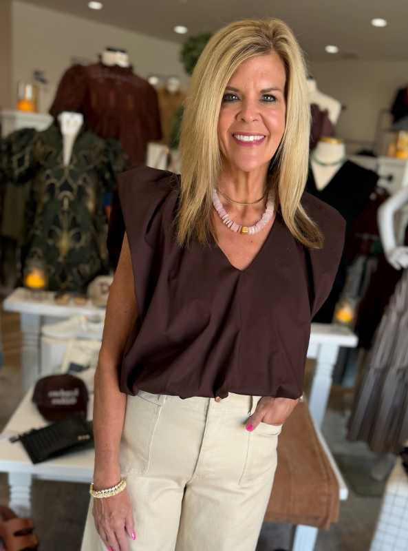 Karlie- Solid Poplin Bubble Top- Chocolate