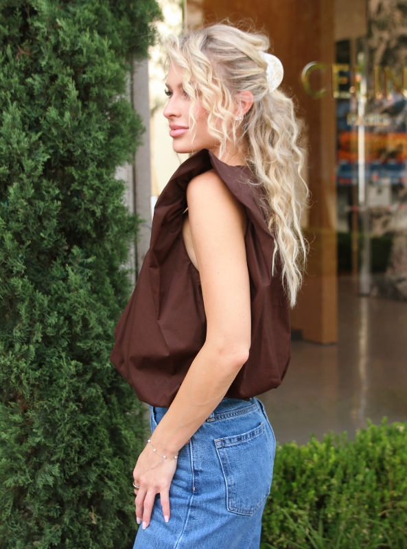 Karlie- Solid Poplin Bubble Top- Chocolate