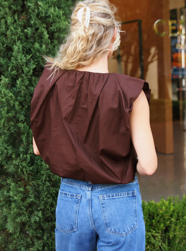 Karlie- Solid Poplin Bubble Top- Chocolate