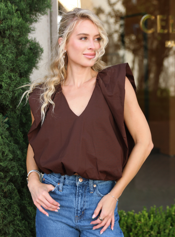 Karlie- Solid Poplin Bubble Top- Chocolate
